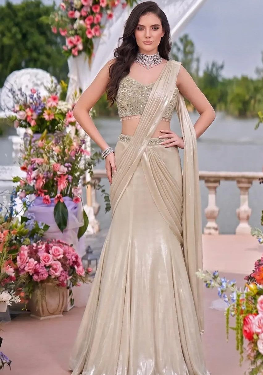 Champagne Crystal Embellished Pre-Draped Saree Set
