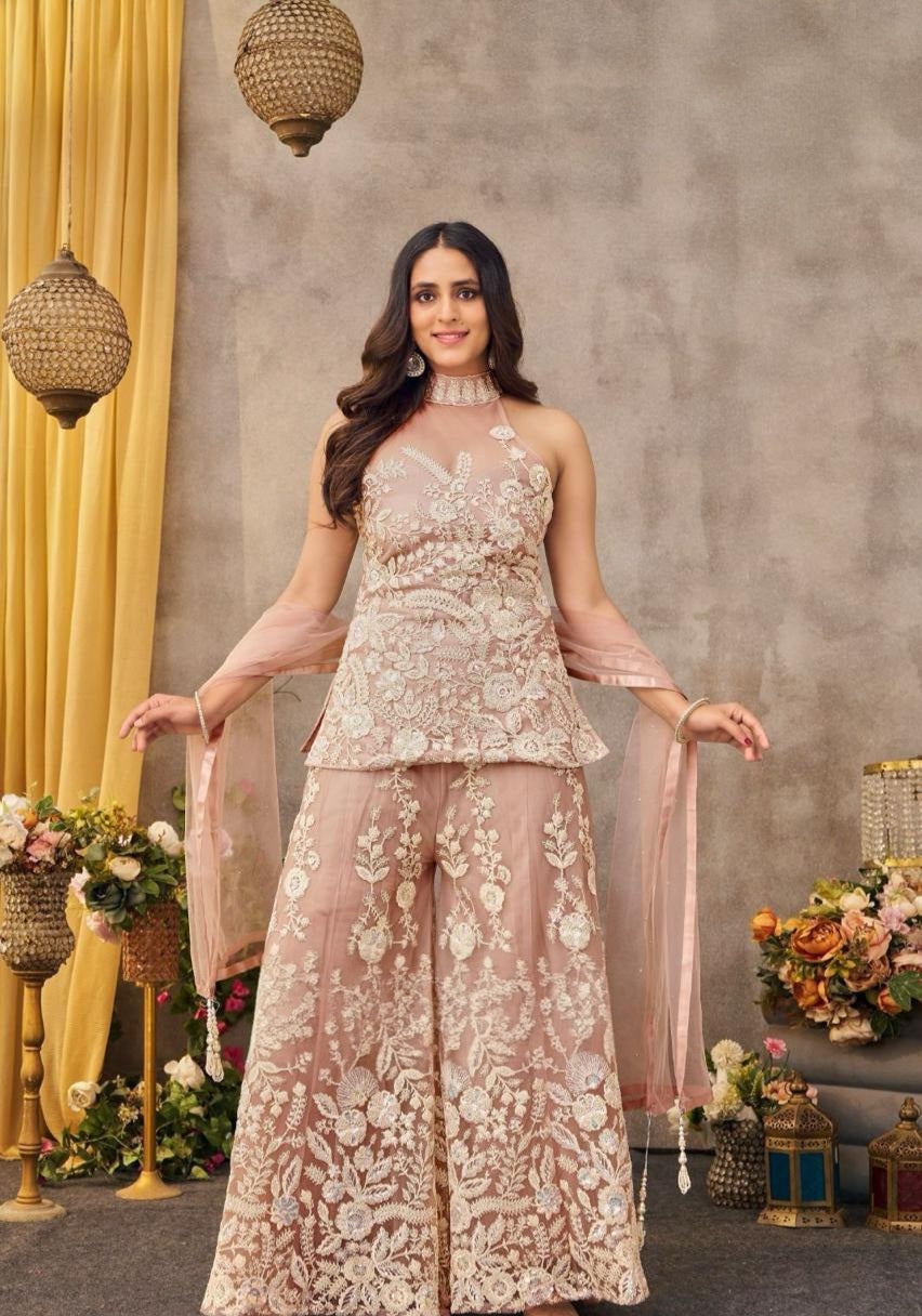 Blush Ivory Floral Embroidered Palazzo Ensemble