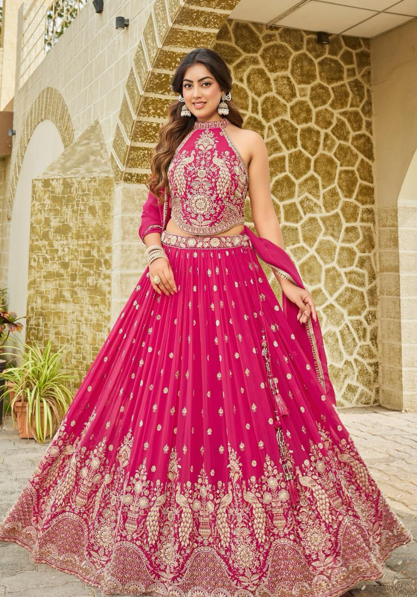 Rani Pink Gold Peacock Embroidered Lehenga Set