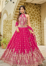 Rani Pink Gold Peacock Embroidered Lehenga Set
