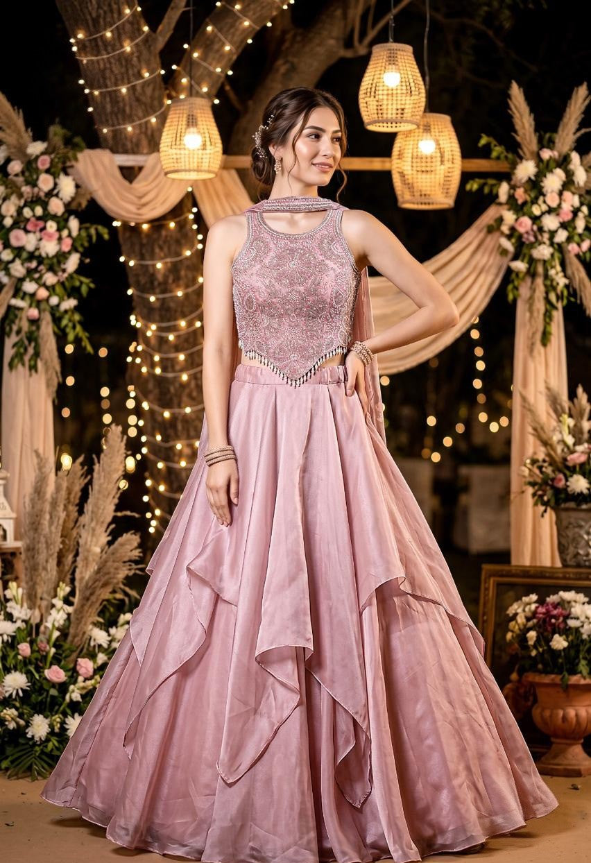 Blush Mauve Crystal Embellished Layered Lehenga Set