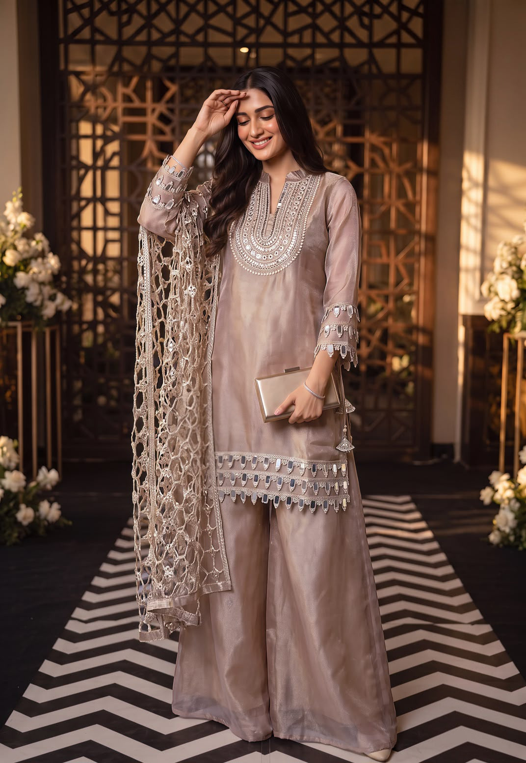 Champagne Taupe Silver Mirrorwork Palazzo Set