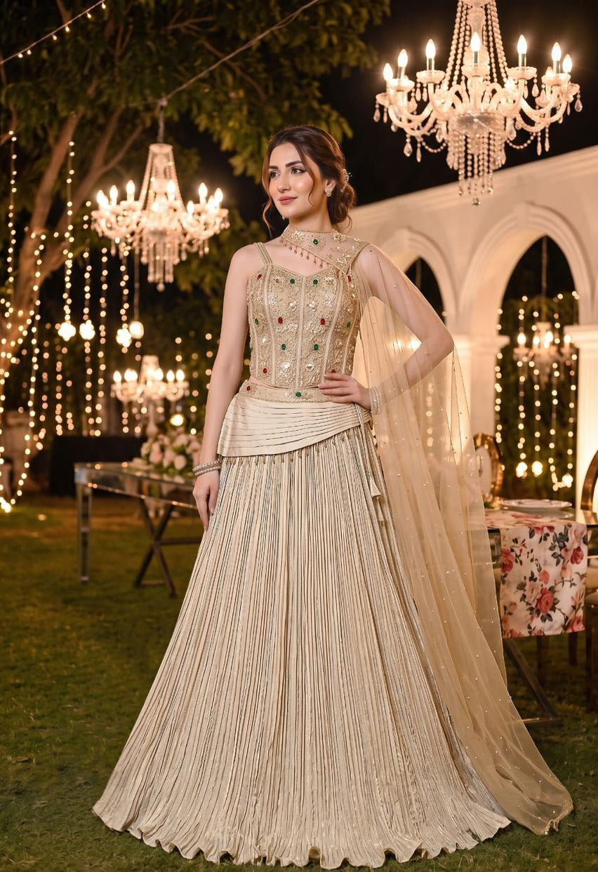 Champagne Gold Jewel Corset Pleated Lehenga Set