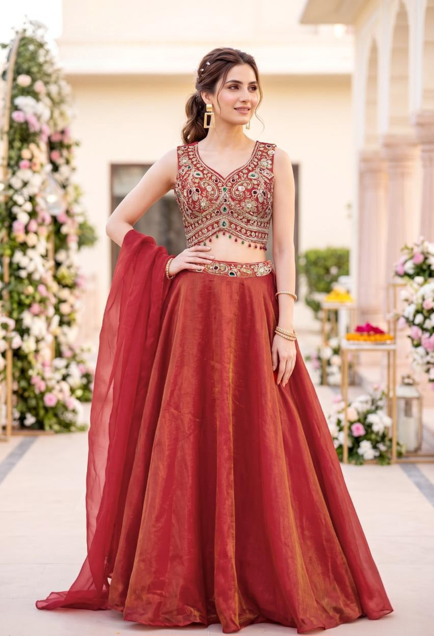 Rust Red Antique Gold Jewel Lehenga Set