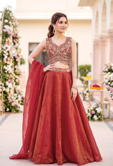 Rust Red Antique Gold Jewel Lehenga Set