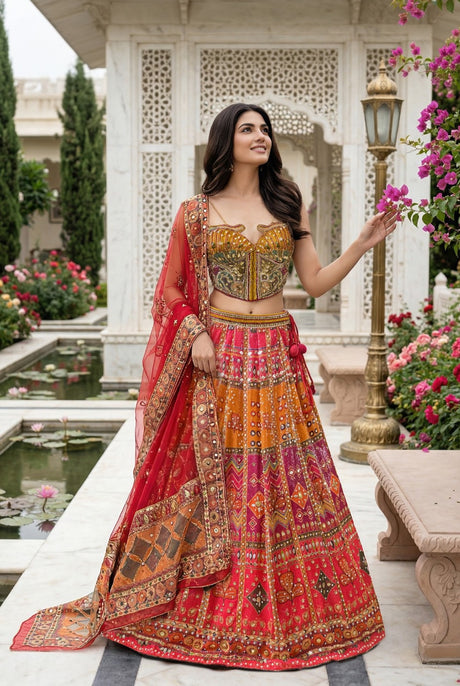 Rani pink lehenga with multicolour mirror work panels and a statement dupatta