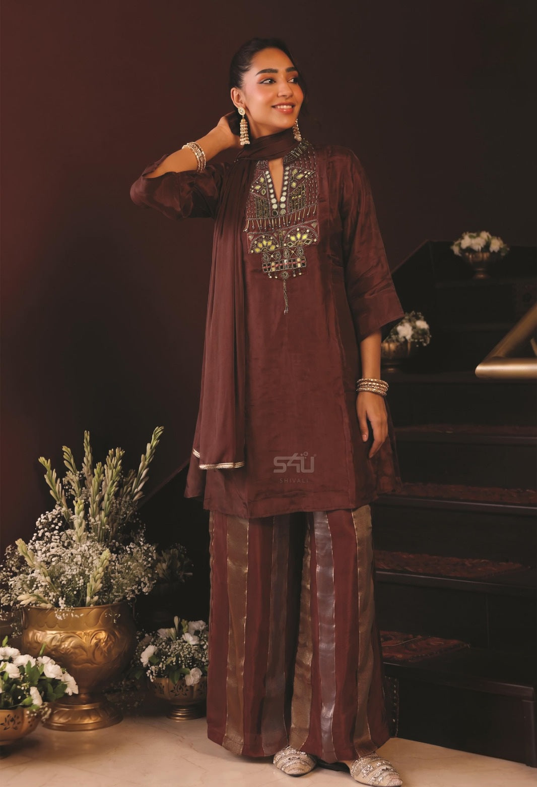 Cocoa Bronze Mirrorwork Palazzo Set
