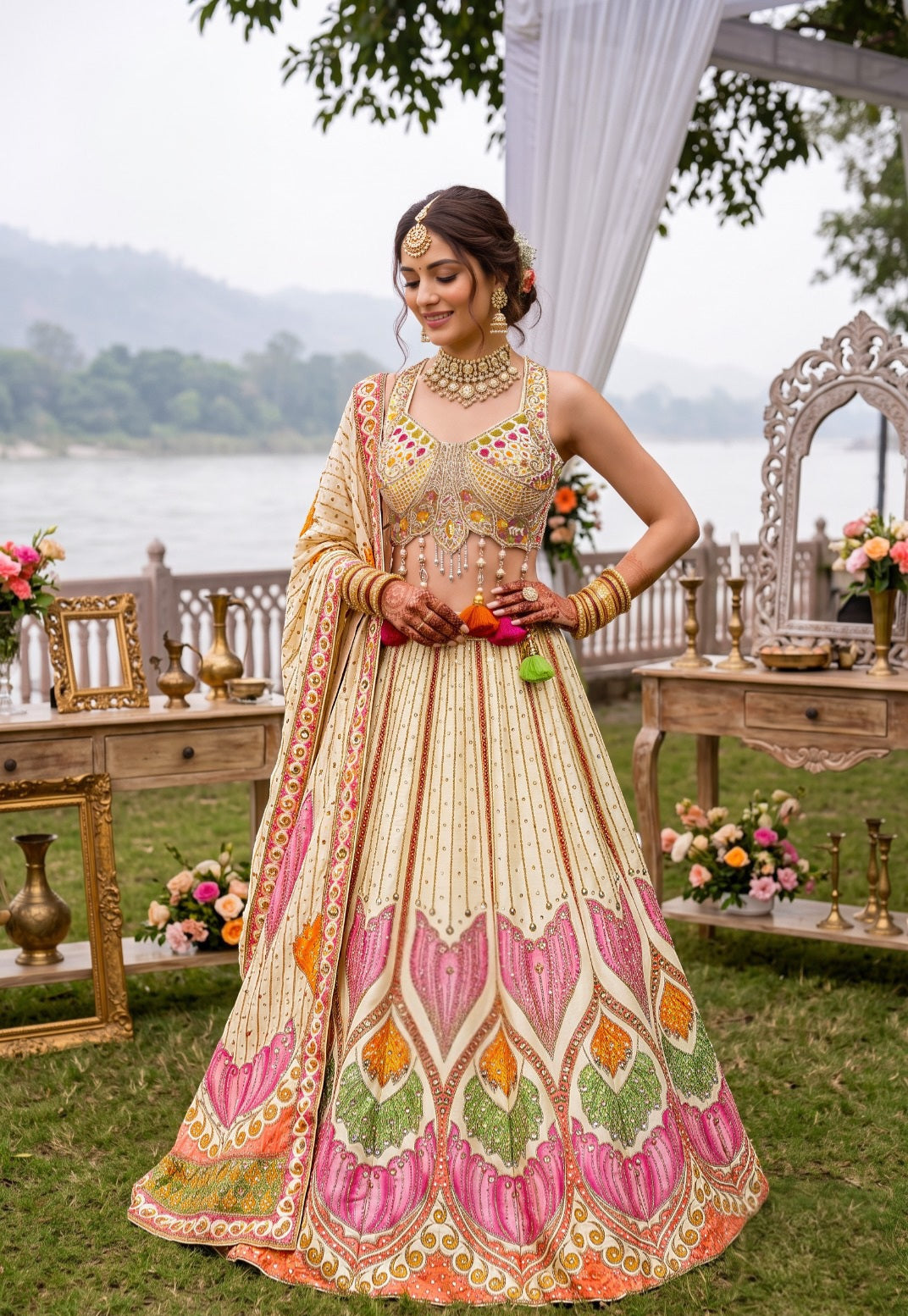 Ivory Multicolor Lotus Lehenga Set