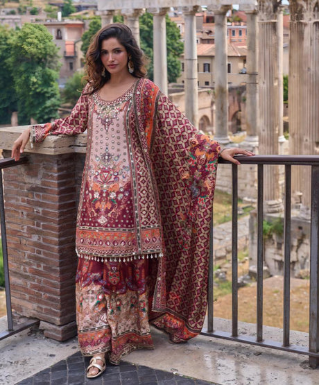 Blush and burgundy heritage palazzo set with contrast patterned sleeves and dupatta