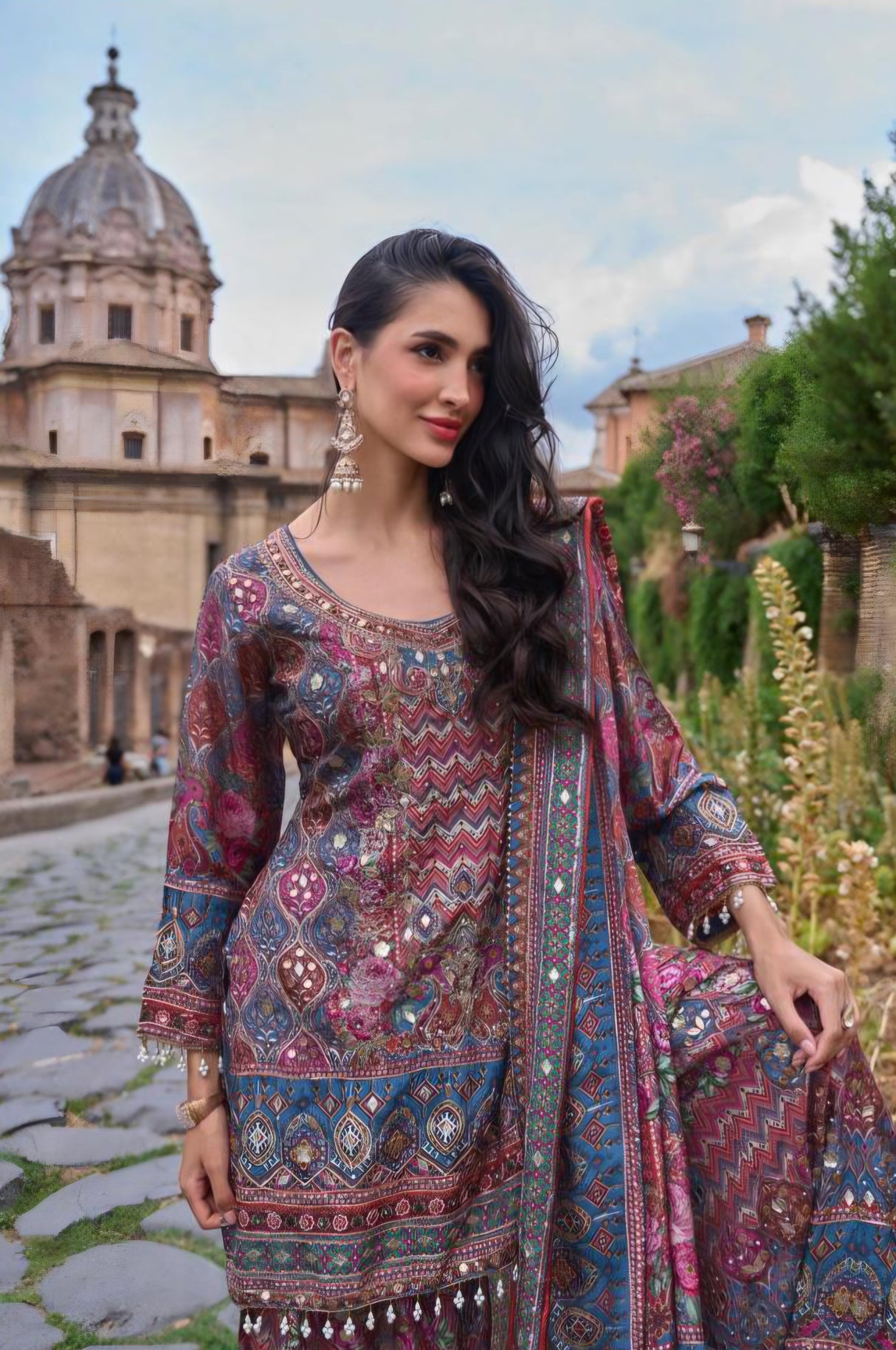 Full-length view of the deep teal sharara set with its matching printed dupatta