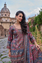 Full-length view of the deep teal sharara set with its matching printed dupatta