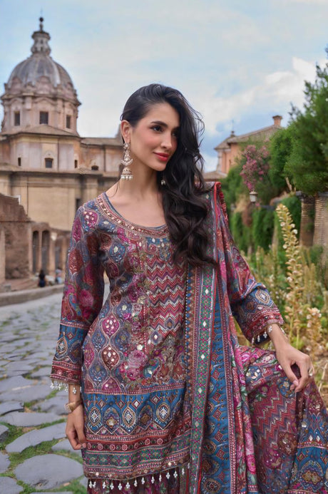 Full-length view of the deep teal sharara set with its matching printed dupatta