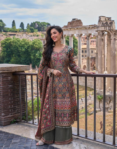 Antique olive heritage palazzo set with a paisley patterned kurta and wide-leg pants