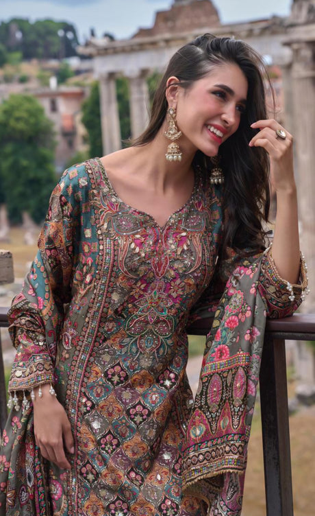 Full-length view of the olive palazzo set with its multicolor printed dupatta