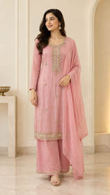 Dusty Rose Ivory Embroidered Palazzo Dupatta Set
