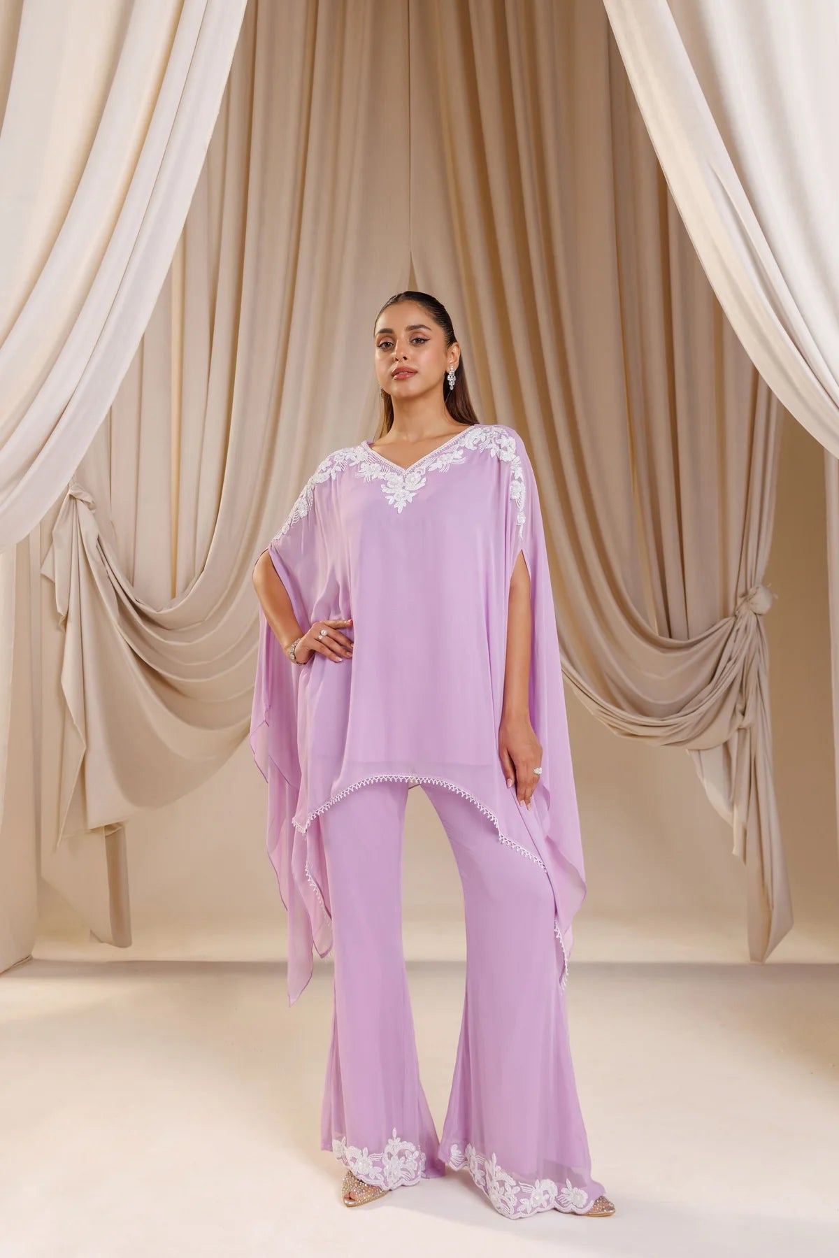 Elegant Lilac Embroidered Kaftan Co-Ord Set | Label S4U