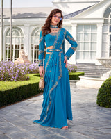 Teal Embroidered Saree Gown
