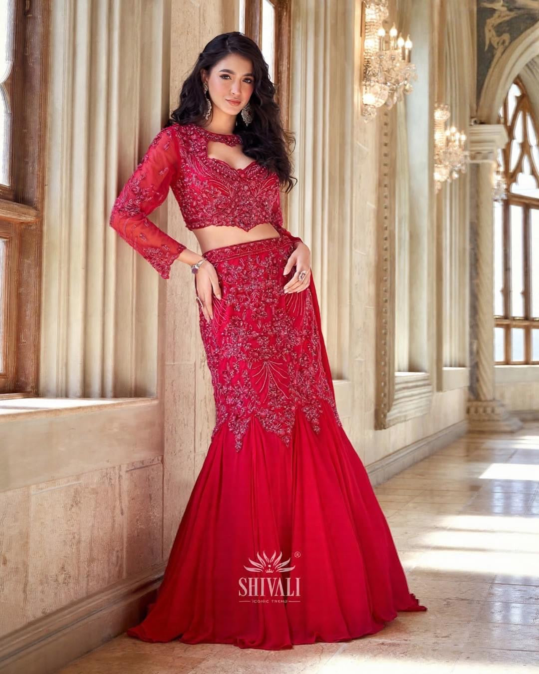 Elegant Red Embroidered Mermaid Lehenga Set – Designer Party & Wedding Wear