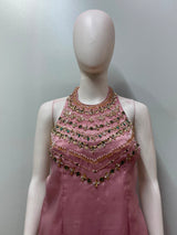 Detail of the neckline on a blush mauve jewel embellished kurta