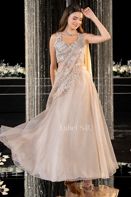 Pearl Beige Draped Lehenga Set | Label S4U