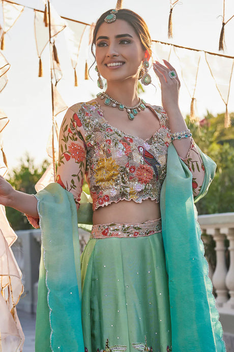 Women's Aqua Floral Lehenga with Embellished Choli and Dupatta, Handcrafted Bridal Lehenga, Festive Wear