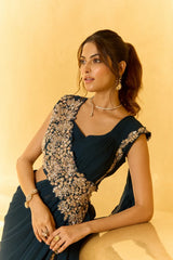Midnight Teal Hand-Crafted Draped Saree Set | Label S4U - MishUUU