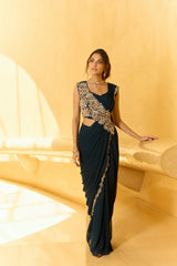 Midnight Teal Hand-Crafted Draped Saree Set | Label S4U - MishUUU