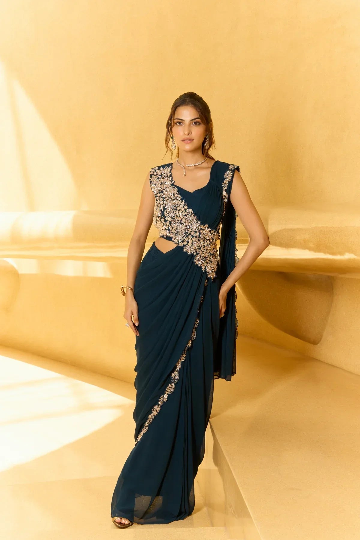 Midnight Teal Hand-Crafted Draped Saree Set | Label S4U - MishUUU
