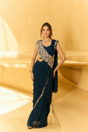 Midnight teal hand-crafted draped saree set with a matching blouse