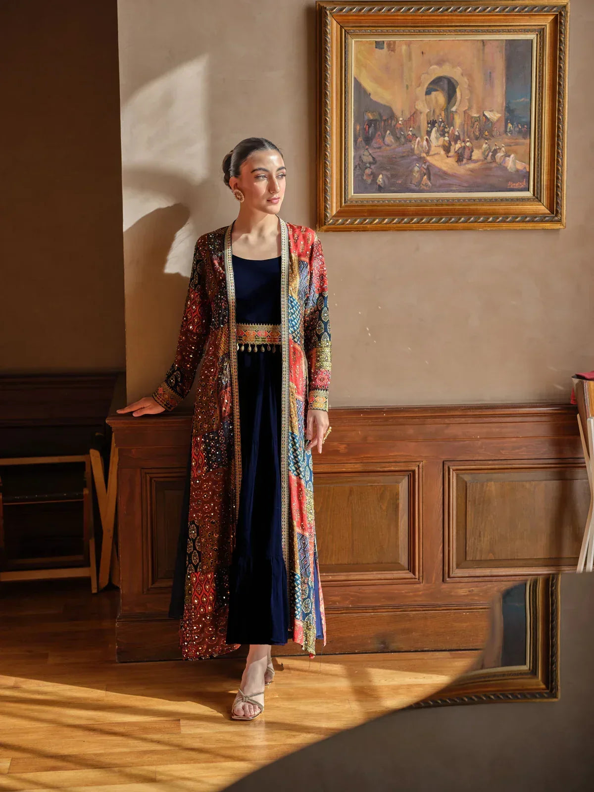 Deep Blue Traditional Printed Premium Silk Jacket Gown XXS