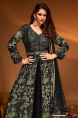 Handcrafted Black Palazzo Set with Swan Motif Jacket – Partywear Anarkali Style