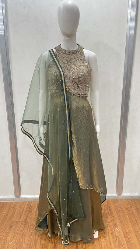 Olive Gold Embroidered Anarkali Luxe Set