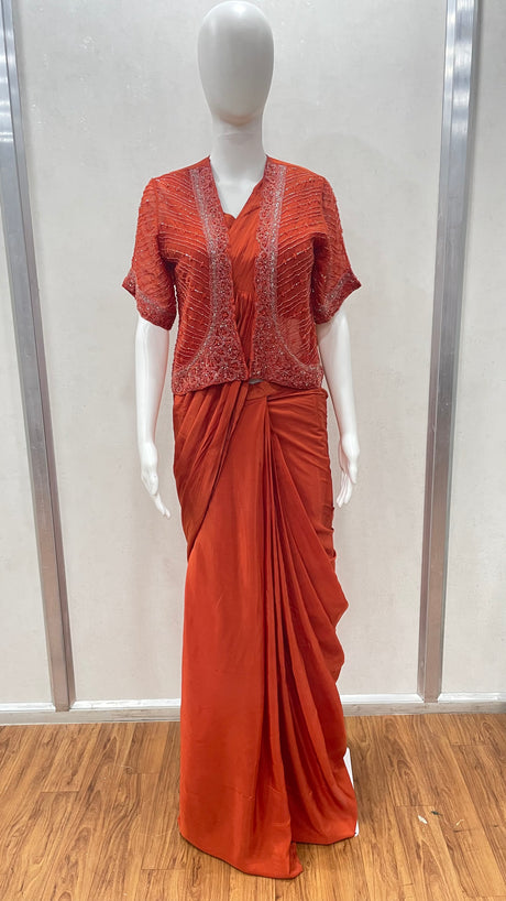 Rust Drape Embroidered Saree Luxe Set
