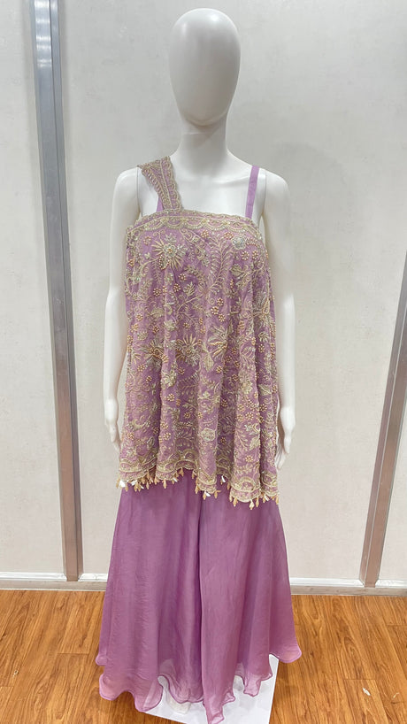 Lilac Gold Embroidered Draped Luxe Set