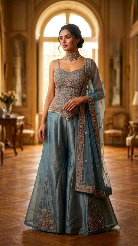 Steel blue lehenga with antique gold jewel work and a sheer bordered dupatta