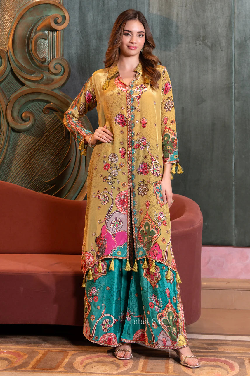 Noorani Boho Luxe Set – Mustard Multicolor Long Kurta Palazzo Co-Ord