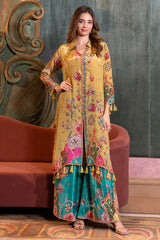 Noorani Boho Luxe Set – Mustard Multicolor Long Kurta Palazzo Co-Ord