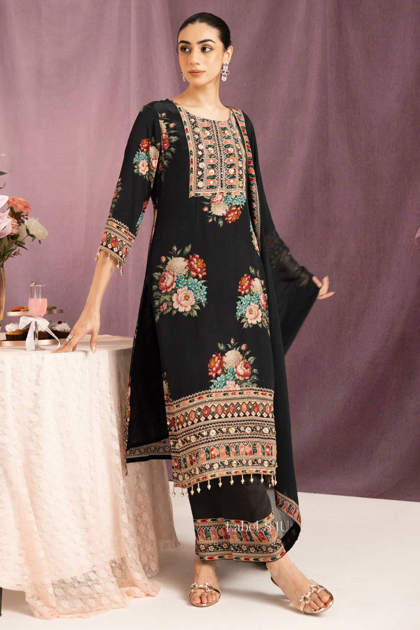 Noir Garden Embroidered Set – Elegant Florals in Midnight Black