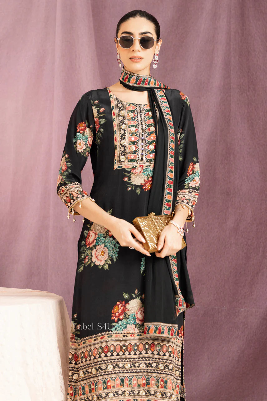 Noir Garden Embroidered Set – Elegant Florals in Midnight Black