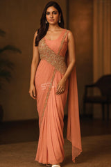 Peach Éclat Pre-Draped Saree – A Poem in Golden Radiance