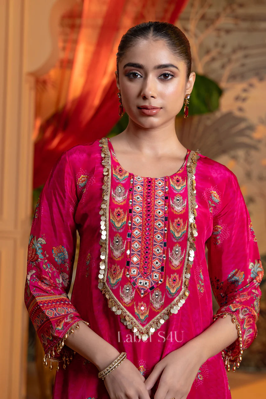 Fuchsia Royale Embroidered Set – Radiant Festivity in Hot Pink