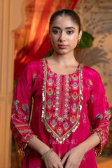 Fuchsia Royale Embroidered Set – Radiant Festivity in Hot Pink