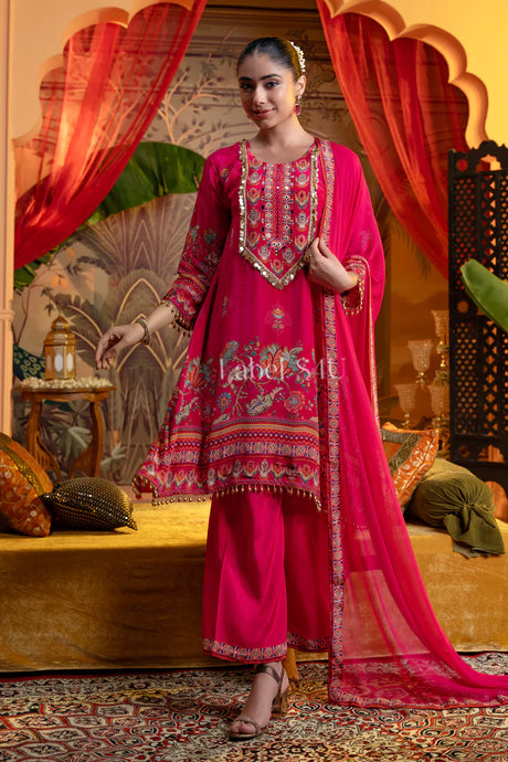 Fuchsia Royale Embroidered Set – Radiant Festivity in Hot Pink