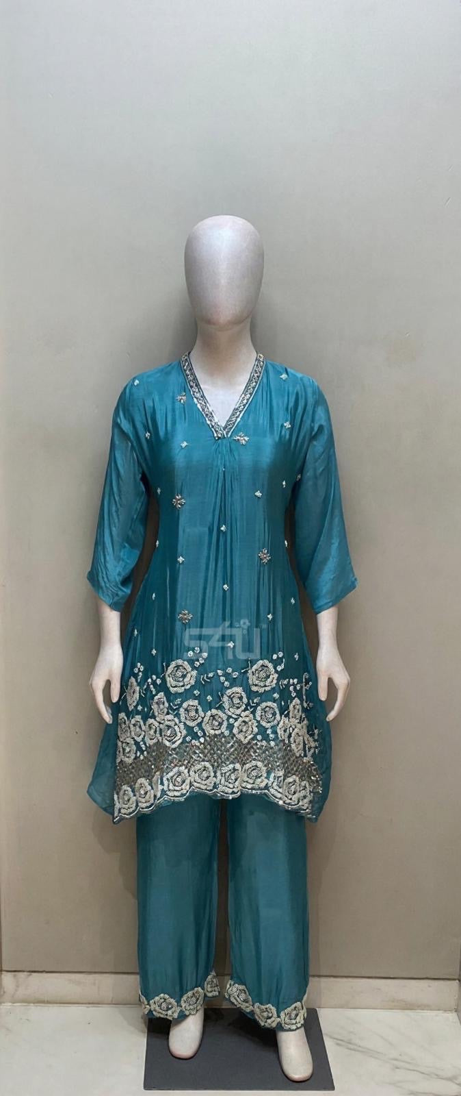 Teal Mirage Embroidered Suit Set – Serenity Woven in Silk