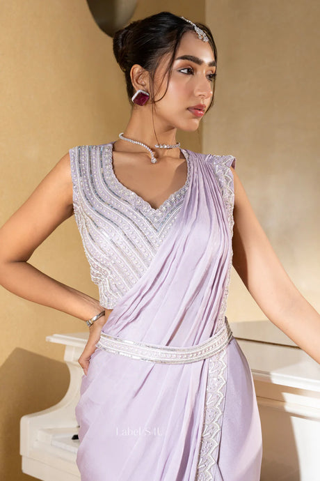 Lilac Luxe Pre-Draped Saree – A Symphony in Soft Elegance