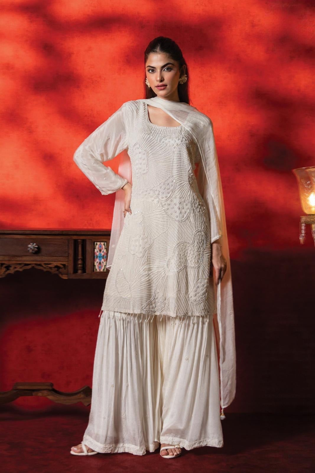 Ivory Radiance Embroidered Sharara Set – Purity in Motion