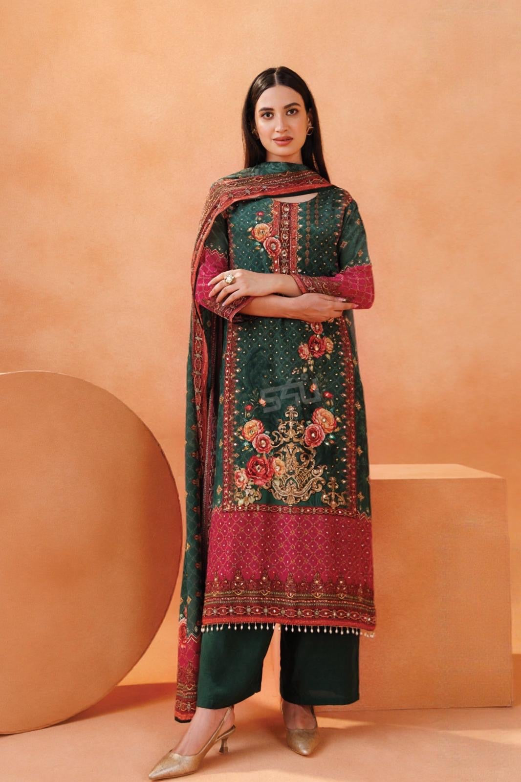 Emerald Rose Embroidered Suit Set – A Portrait of Royal Grace