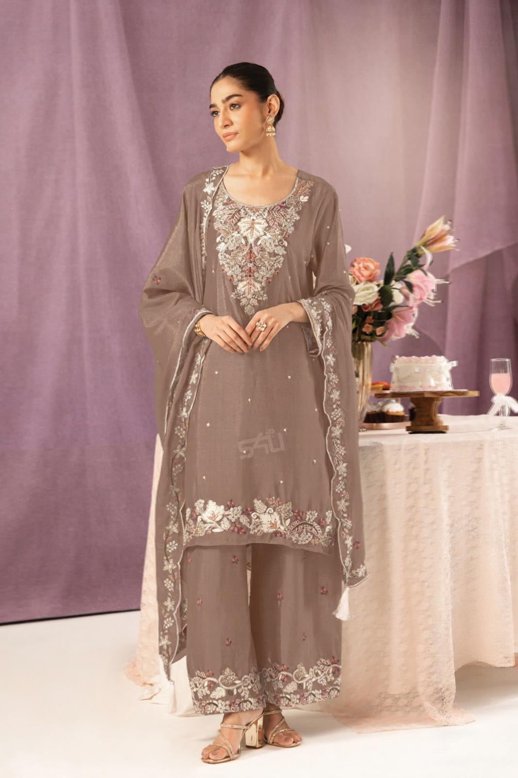 Mocha Mist Embroidered Suit Set – Where Subtlety Meets Sophistication