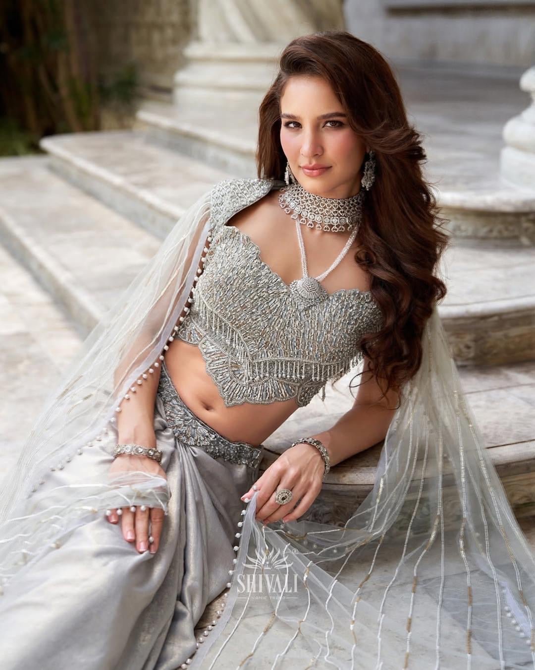 Silver Siren Drape Ensemble – Celestial Glamour in Metallic Grace