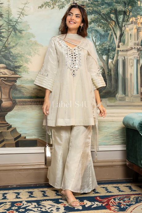 Ivory Mirror Work Straight Kurta Pant Set